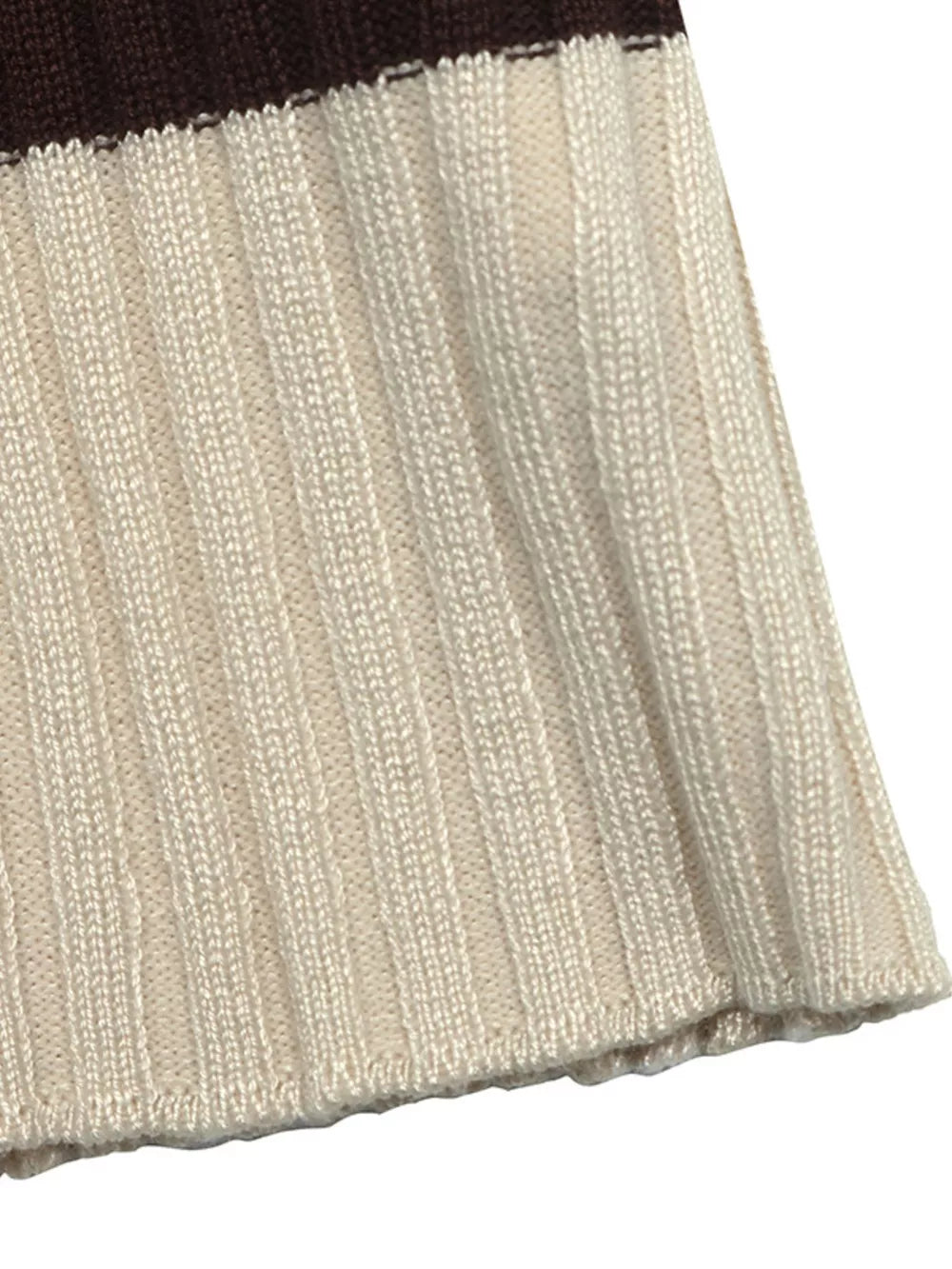 Striped Ribbed Knit Long Sleeve Sweater in Coffee Brown, fit detail
