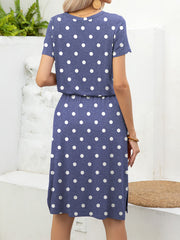 Dusty Blue/Dot midi dress with drawstring waist and short sleeves.