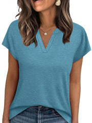 Blue heathered t-shirt with notched V-neck and short sleeves