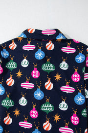 Navy blue lounge set with festive bauble print and collar detail.