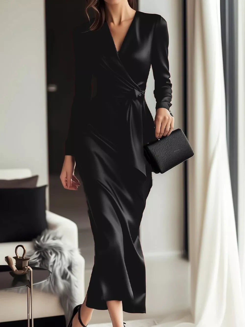 Satin Long Sleeve Wrap Dress in Black, front view