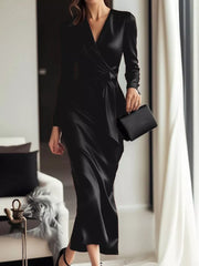 Satin Long Sleeve Wrap Dress in Black, front view