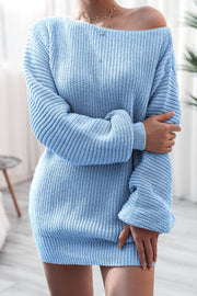 Light blue ribbed knit off-the-shoulder mini dress with long sleeves.