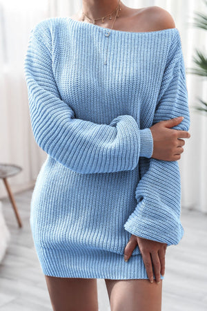 Light blue ribbed knit off-the-shoulder mini dress with long sleeves.
