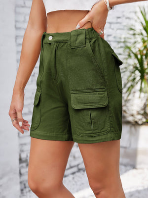 Army green denim cargo shorts with high waist and utility pockets.