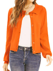 Orange knit cardigan with scalloped collar and button front.