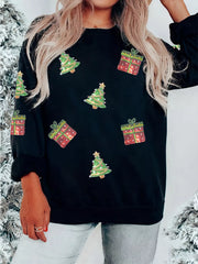 Black crew neck sweatshirt with sequin Christmas tree and gift embellishments.