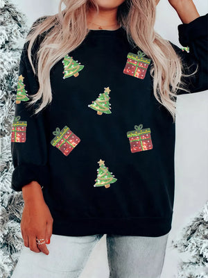 Black crew neck sweatshirt with sequin Christmas tree and gift embellishments.