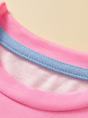 Pink toddler t-shirt with blue striped neckline detail