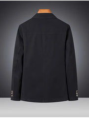 Black cotton lapel blazer for men with buttoned cuffs and a basic style.