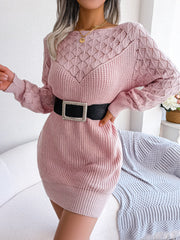 Dusty pink acrylic knit sweater dress with diamond pattern yoke and long sleeves.
