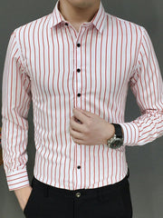 Men's white cotton button-up shirt with red vertical stripes and black buttons.