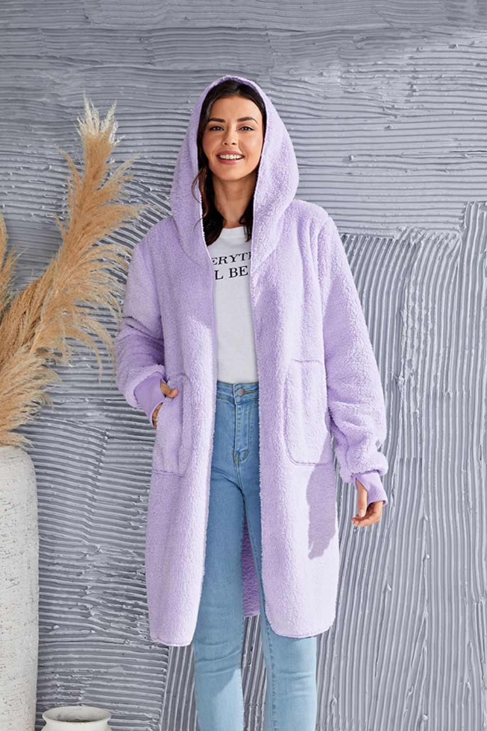 Plush hooded duster in lavender with thumbhole cuffs and pockets
