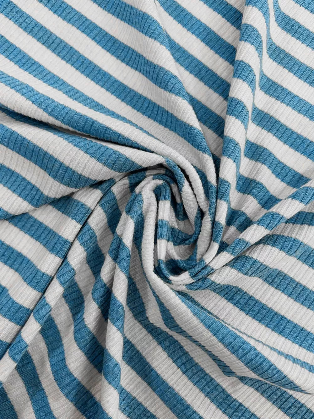 Blue and white striped ribbed knit crop top fabric detail