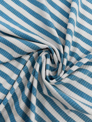 Blue and white striped ribbed knit crop top fabric detail