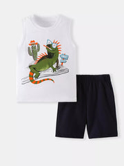 Toddler white cotton tank top with lizard graphic and navy shorts.