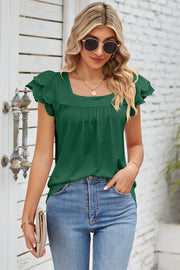 Dark Green eyelet flutter sleeve square neck blouse with gathered detail