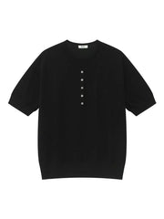 Black short sleeve henley t-shirt with button placket and chest pocket