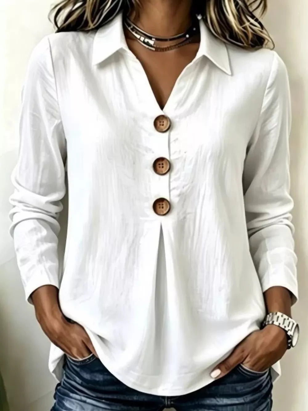 Button Detail Long Sleeve Blouse in Light Blue, close-up detail