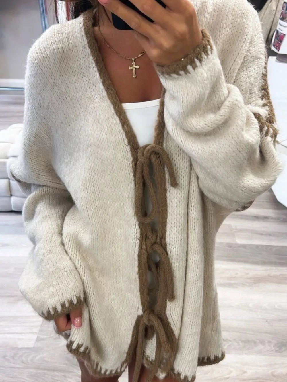 Tie Front Drop Shoulder Cardigan in White, close-up detail