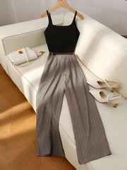 Sleeveless black top with gray pinstripe wide-leg pants set