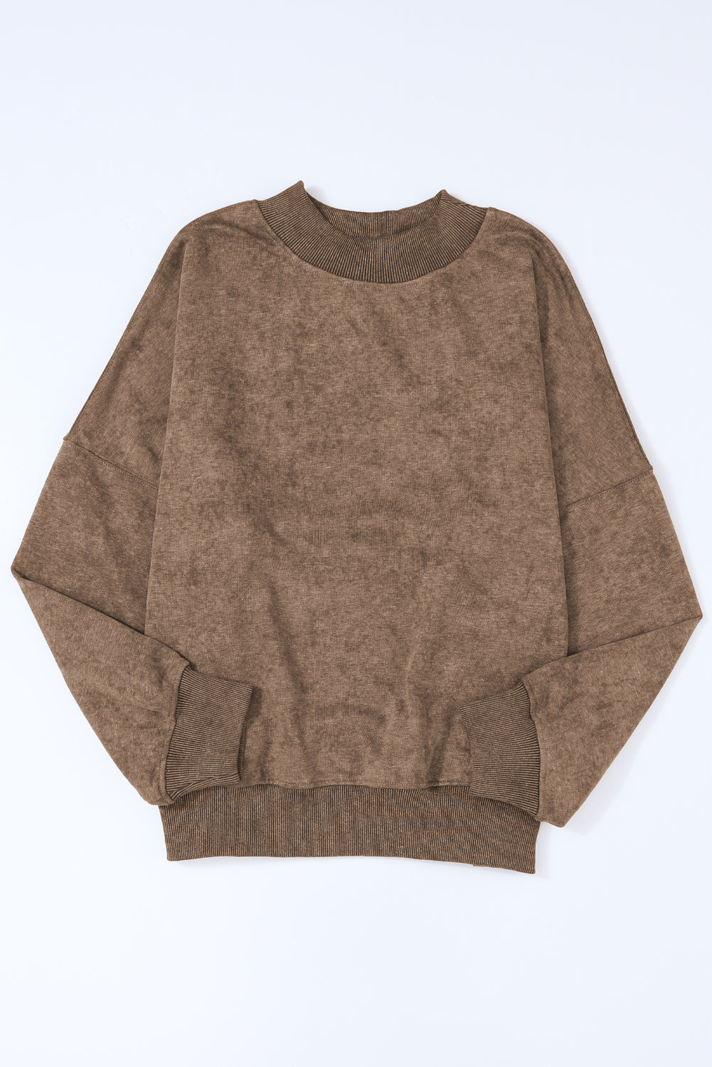 Taupe acid wash mock neck sweatshirt with ribbed cuffs and hem