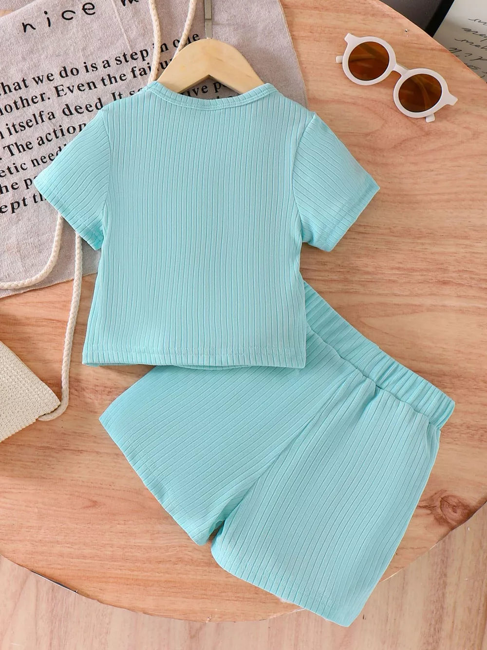 Children's Ribbed Knit Flower Top And Shorts Set in Green, fabric detail