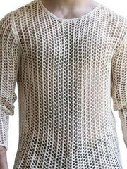 Ivory open-knit crewneck long sleeve sweater with a sheer, textured pattern.