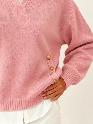 Orange-red Collared Button-front Knit Sweater