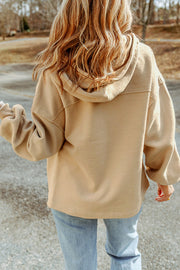 Tan textured utility hoodie jacket with a relaxed fit and hood.