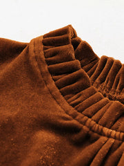Brown velvet blouse with ruffled mock neck detail