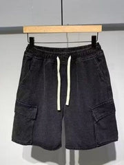 Men's black denim cargo shorts with elastic waist and drawstring.