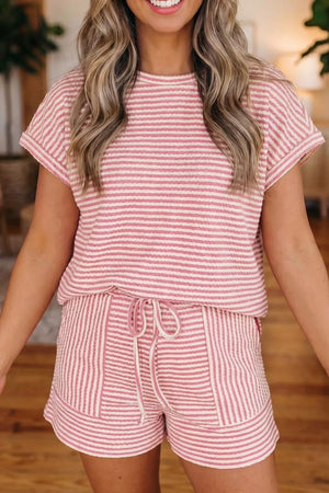Pink and white striped textured knit two-piece set with drawstring shorts and cuffed sleeve top.