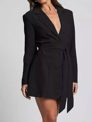 Black tie-waist blazer dress with button front and deep V-neckline.