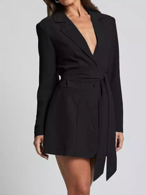 Black tie-waist blazer dress with button front and deep V-neckline.