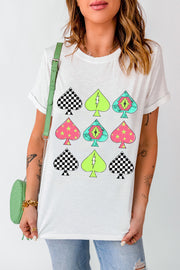 White t-shirt with checkerboard and neon spade graphics, crew neck, short sleeves.