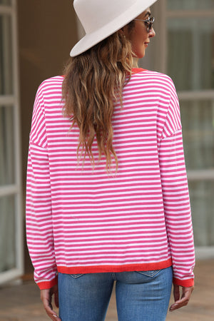 Nautical knit crewneck sweater in Stripe with contrast red trim