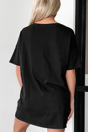 Black graphic t-shirt with short sleeves and a relaxed fit.