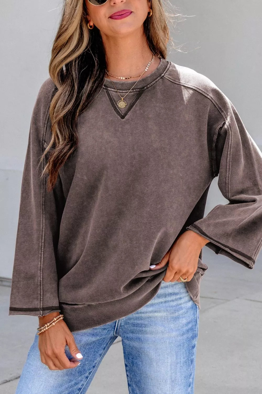 3/4 Sleeve Mineral Wash Cotton Top, side view