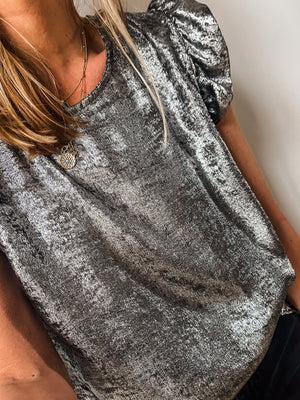 Silver metallic ruffled sleeve tank top with a round neckline.