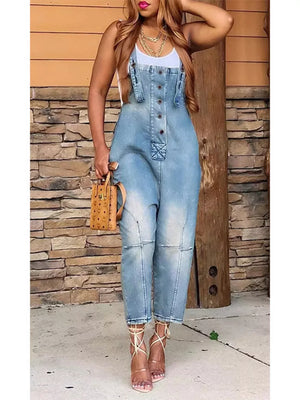 Light blue denim overalls with button-front detail and adjustable straps