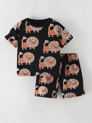 Black cotton blend baby tee and shorts set with playful lion print, crew neck.