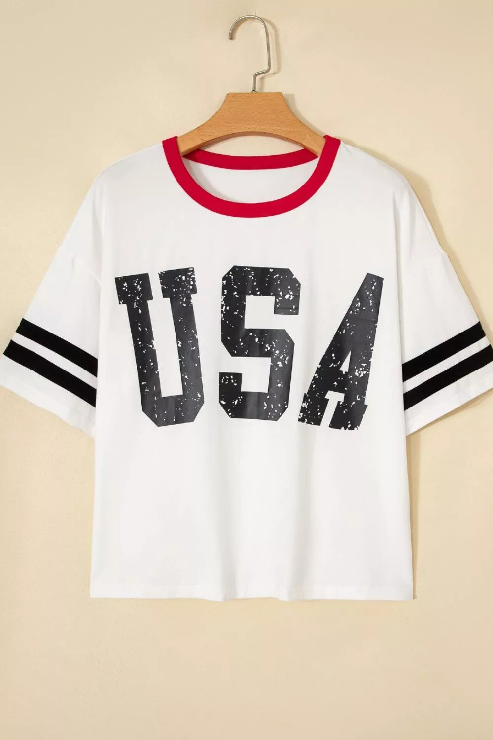 White cotton crew neck t-shirt with distressed USA graphic and striped sleeves