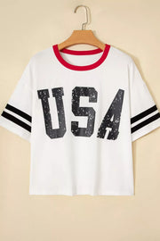 White cotton crew neck t-shirt with distressed USA graphic and striped sleeves