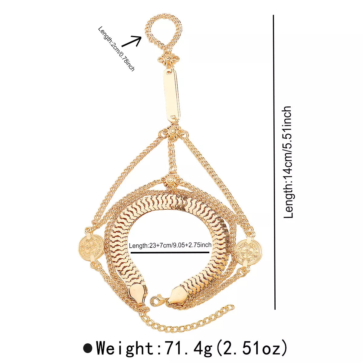 Gold multi-layered chain bracelet with coin charms and textured center band.