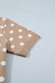 Camel polka dot short sleeve knit cardigan with ribbed cuffs.