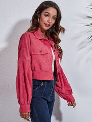 Dusty Pink corduroy cropped jacket with balloon sleeves and button front.