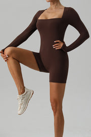 Brown long sleeve unitard with square neckline and short legs.