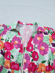 Floral V-neck zip midi dress with colorful floral print and smocked waist detail.