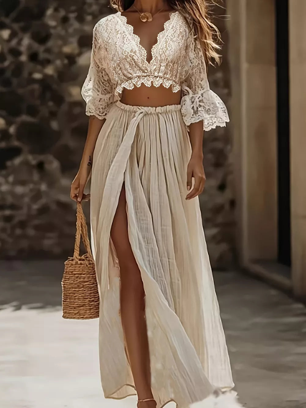 Lace crop top with bell sleeves and high slit maxi skirt set in cream